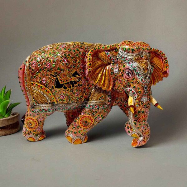 Big wood elephant statue with full body ping color painted and flower design embossed painted