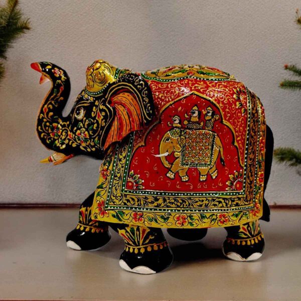 Decorative wooden elephant statue trunk up with hand painted