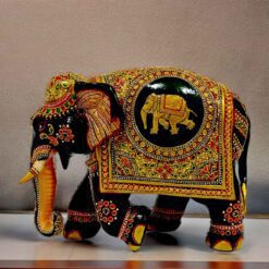 Wood hand painted elephant statue with decorative painted and a baba elephant on it