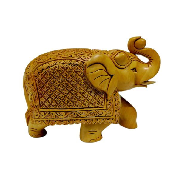 Wooden carved elephant up side trunk with squire carving on elephant