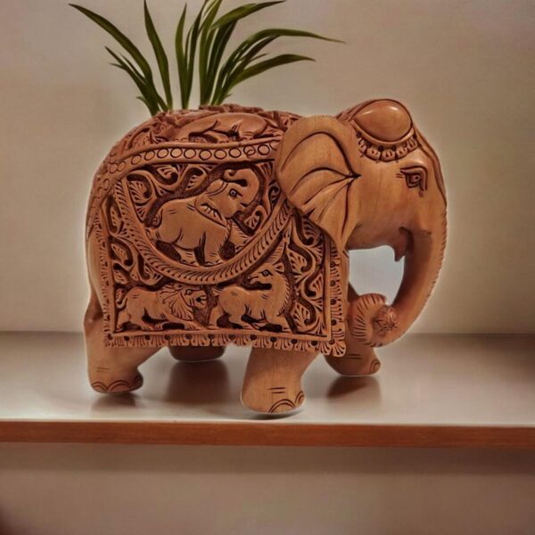 handmade kadam wood carving elephant statue with deep carving on it