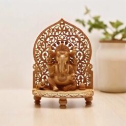 Wooden Ganesha statue sitting on hand craved wood stand with wood mouse