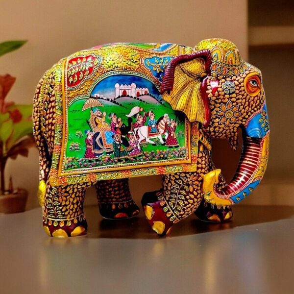 12 inch big wooden elephant statue hand painted with weeding miniature painting