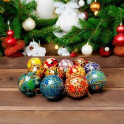 Paper Mache hand painted baubles with Christmas tree in back ground