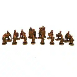 Intricately carved Indian-inspired painted chess set with gold accents and ornate cultural designs.