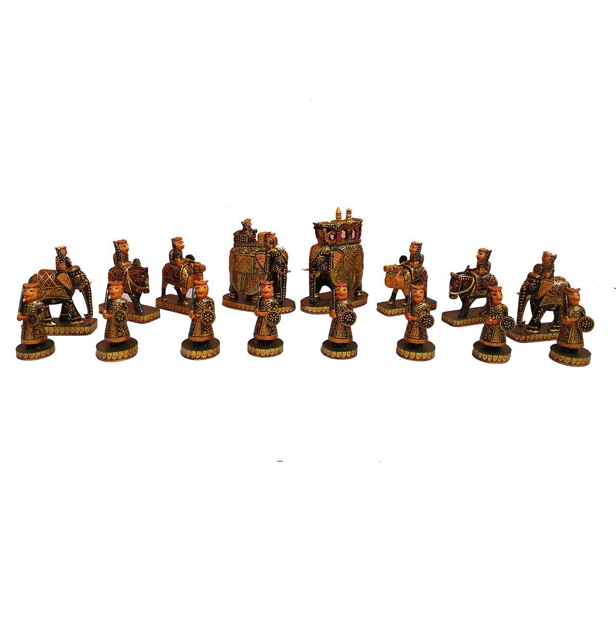 Intricately carved Indian-inspired painted chess set with gold accents and ornate cultural designs.