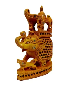 Wooden Jali Ambari Elephant on base a howdah made on elephant and a man setting inside howdah