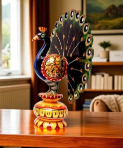 Wooden hand painted peacock with multicolor on a table top