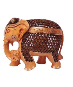 wood elephant baby in trunk antique finish