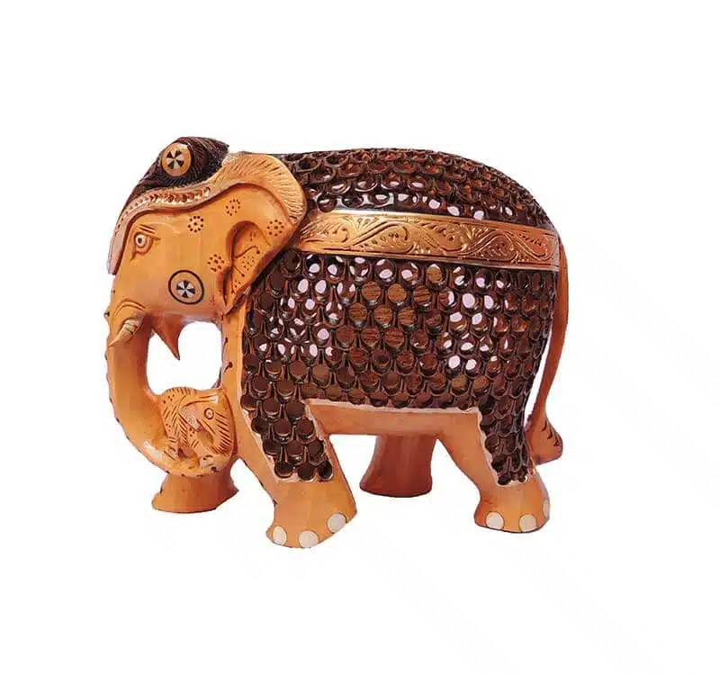 wood elephant baby in trunk antique finish