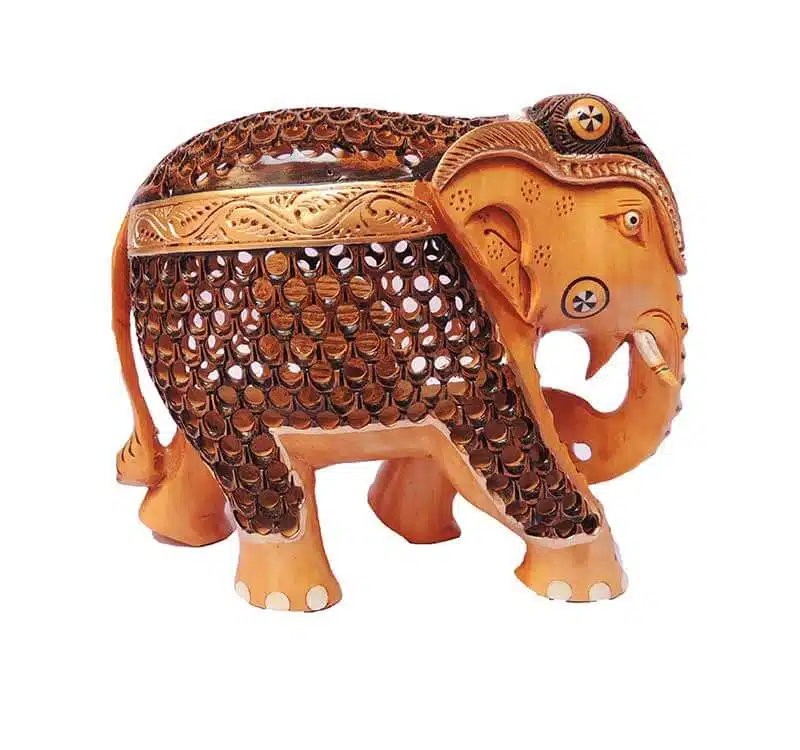 wood elephant baby in trunk antique finish