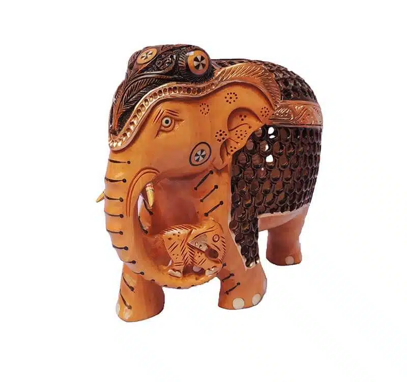 wood elephant baby in trunk antique finish