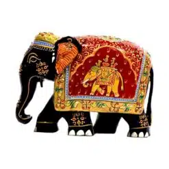 Colorful handcrafted elephant figurine with intricate designs, vibrant patterns, and cultural craftsmanship.
