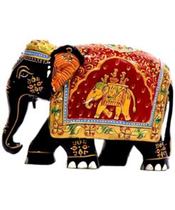 Colorful handcrafted elephant figurine with intricate designs, vibrant patterns, and cultural craftsmanship.