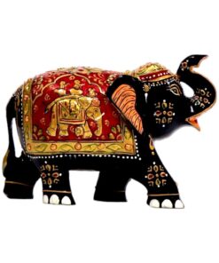 Decorative black wooden elephant figurine with red and gold painted details and intricate tribal motifs.