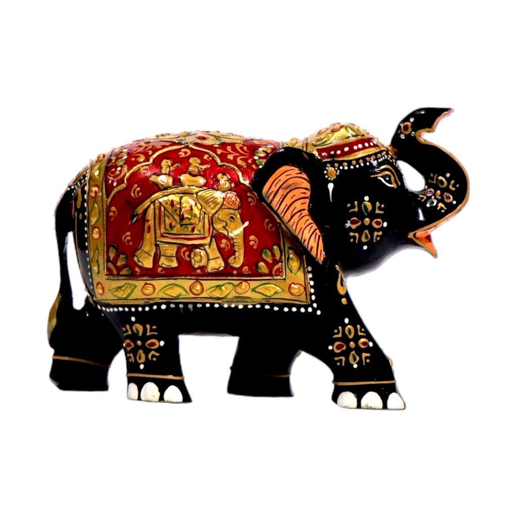 Decorative black wooden elephant figurine with red and gold painted details and intricate tribal motifs.