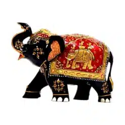 Decorative hand-painted elephant figurine with vibrant colors and intricate gold and floral patterns.