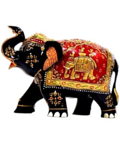 Decorative hand-painted elephant figurine with vibrant colors and intricate gold and floral patterns.