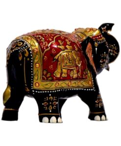 Handcrafted Indian elephant figurine with black body, red saddle, gold accents, and intricate cultural details.