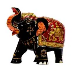 Colorful Indian handcrafted elephant figurine with intricate patterns, gold accents, and symbolic design.