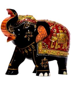 Colorful Indian handcrafted elephant figurine with intricate patterns, gold accents, and symbolic design.