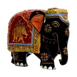Hand-painted wooden elephant statue with colorful Indian-inspired floral details.