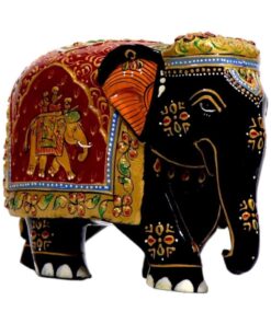 Hand-painted wooden elephant statue with colorful Indian-inspired floral details.