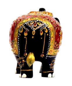 Decorative Indian black elephant figurine with intricate floral patterns, gold accents, and cultural symbolism.