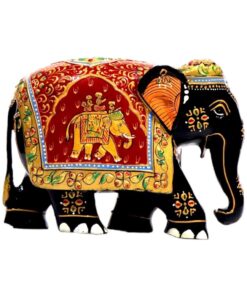 Colorful Indian hand-painted wooden elephant figurine with intricate patterns.