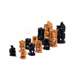 Traditional hand carved wooden chess set with detailed black and tan Chaturanga pieces.