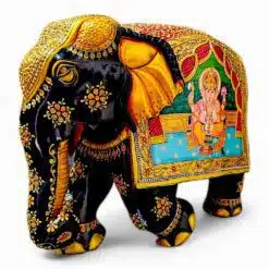 large wooden elephant painted with lord Ganesha figure right side of elephant body