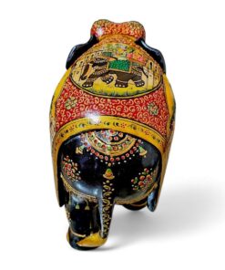 Decorative elephant sculpture with intricate Indian-inspired patterns and vibrant colors.