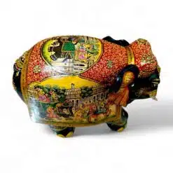 Traditional Indian handcrafted decorative elephant with vibrant colors, intricate patterns, royal scenes, and gold accents.