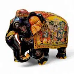 Decorative Indian-style black elephant sculpture with colorful murals, gold accents, jewels, and intricate craftsmanship.