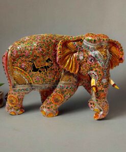 Big wood elephant statue with full body ping color painted and flower design embossed painted