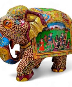 wood embossed painted elephant with round trunk with design painted.