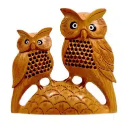 Hand carved kadam wood owl sculpture 6 inch with baby owl jali carving design on owl