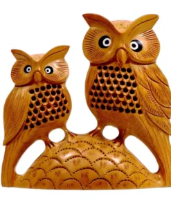 Hand carved kadam wood owl sculpture 6 inch with baby owl jali carving design on owl