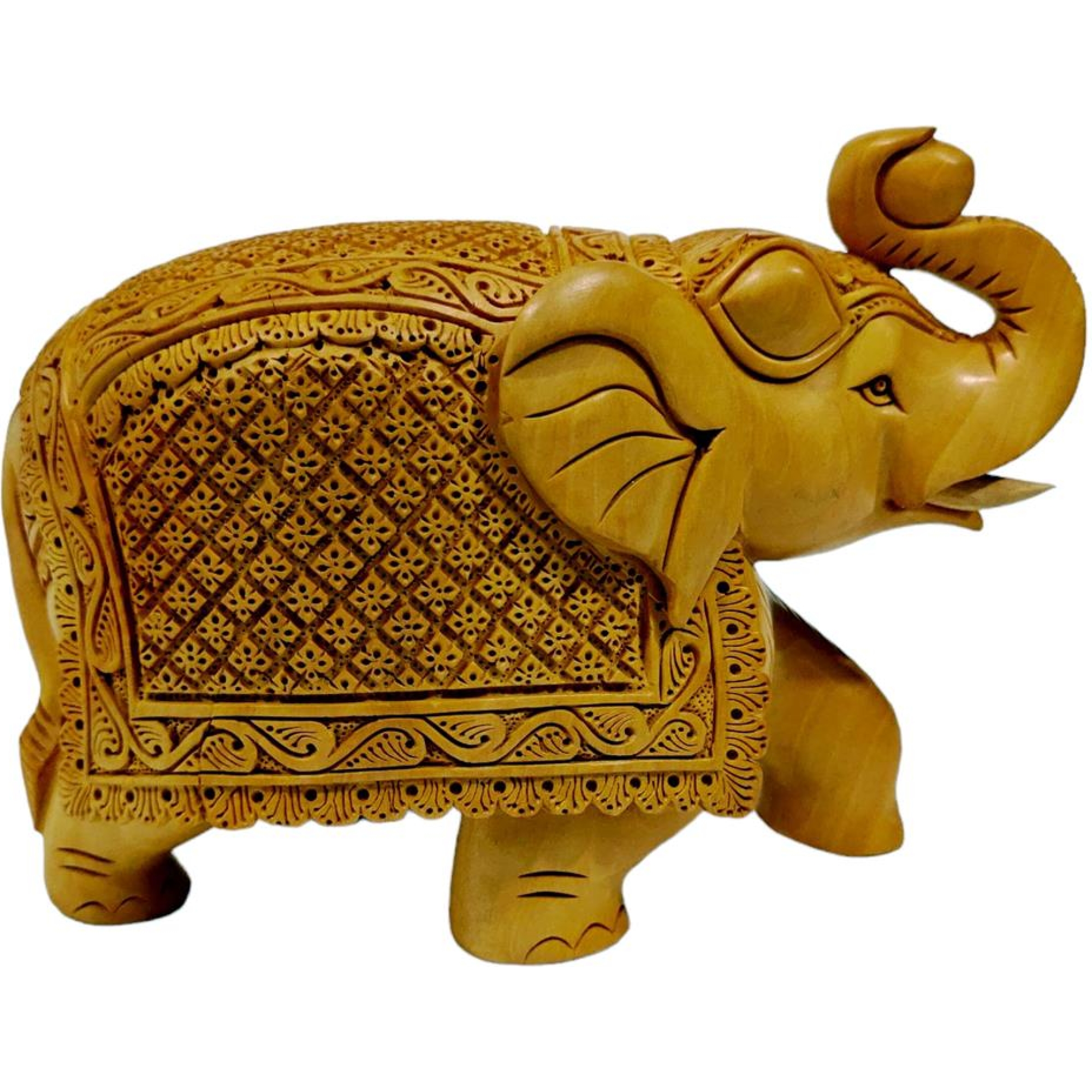 Wooden carved elephant up side trunk with squire carving on elephant