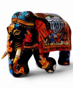 Hand painted wooden elephant figurine with colorful Indian palace artwork.