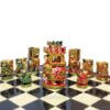 Colorful cultural artistic chess set with ornate pieces and traditional design.