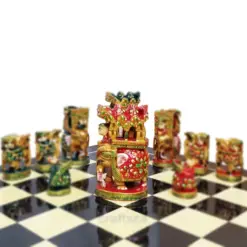 Colorful cultural artistic chess set with ornate pieces and traditional design.