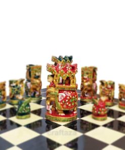 Colorful cultural artistic chess set with ornate pieces and traditional design.