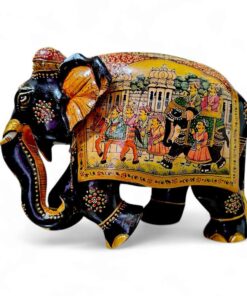 Decorative painted elephant sculpture with intricate patterns, cultural storytelling, and vibrant embellishments.