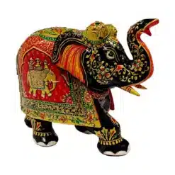 Wooden elephant red and black color painting with trunk up passion