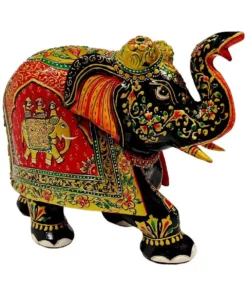 Wooden elephant red and black color painting with trunk up passion