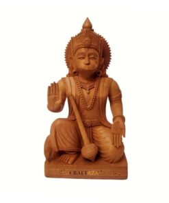 Handcrafted wooden Hanuman statue depicting blessing gesture and mace, symbolizing devotion, strength, and Indian heritage.
