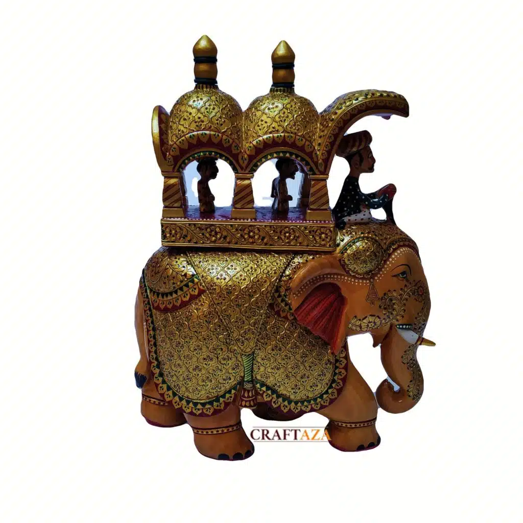 Decorative golden elephant figurine with ornate howdah and vibrant red ears for Asian-inspired decor.