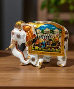 Wooden white color body and miniature painting on it horse and elephant man seting on it