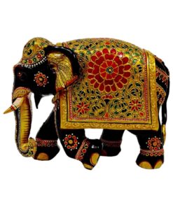 Colorful Indian Elephant Figurine with gold floral decorations and intricate craftsmanship.
